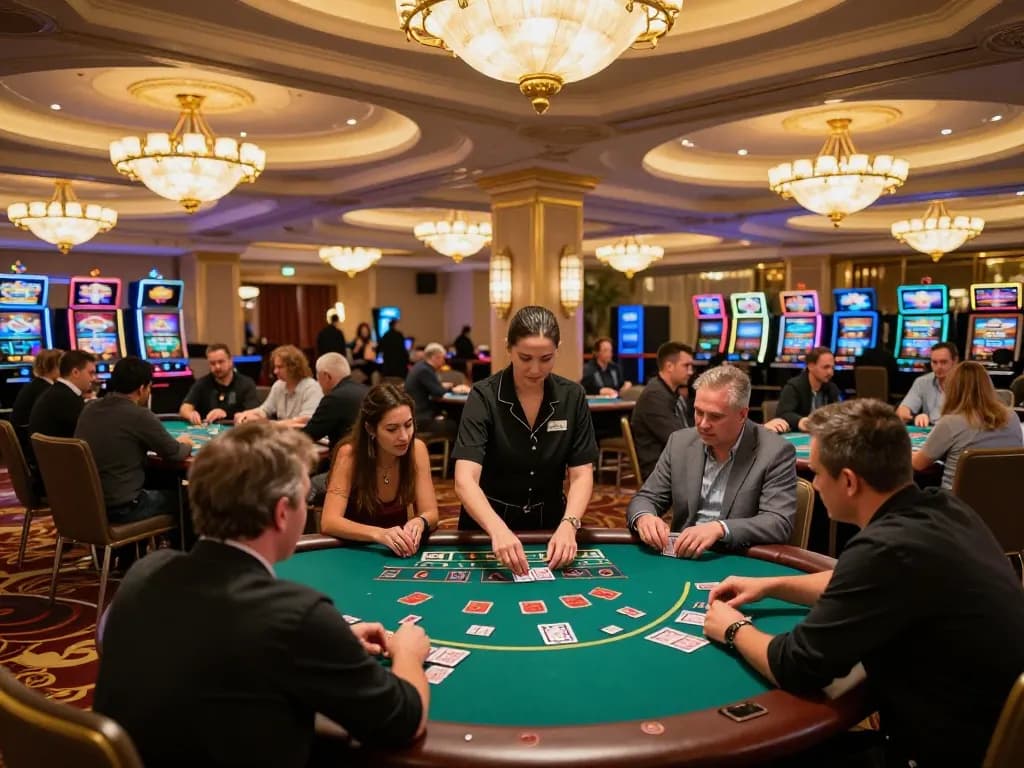 Players at a blackjack table with debet strategies in action, showcasing an elegant casino atmosphere.
