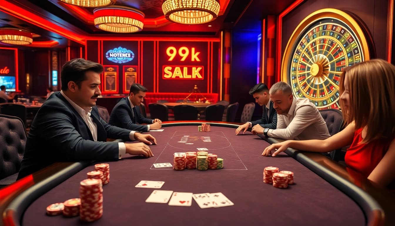 High-stakes poker action at 99 ok online casino with colorful chips and engaged players.