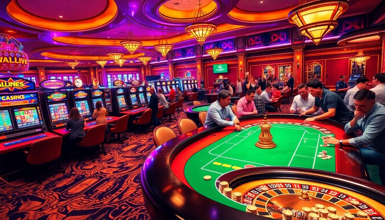 Experience the vibrant atmosphere of vvjl11 com with players enjoying thrilling casino games and slot machines.