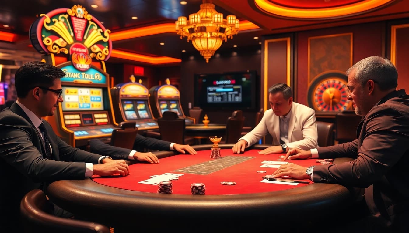 Poker players enjoying a game at nhà cái gg88 with vibrant slot machines in the background.