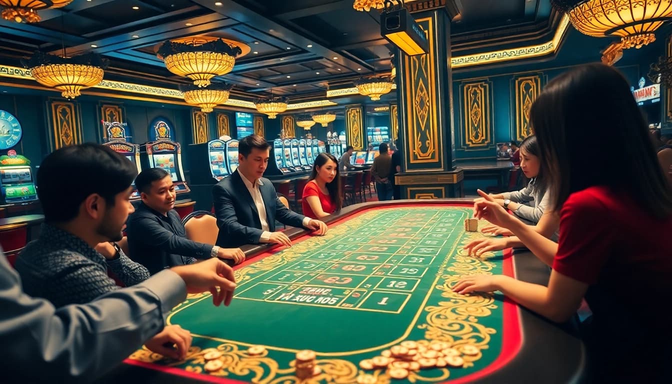 Players engaging at a Tài Xỉu MD5 table in a luxurious casino, emphasizing vibrant gameplay and excitement.