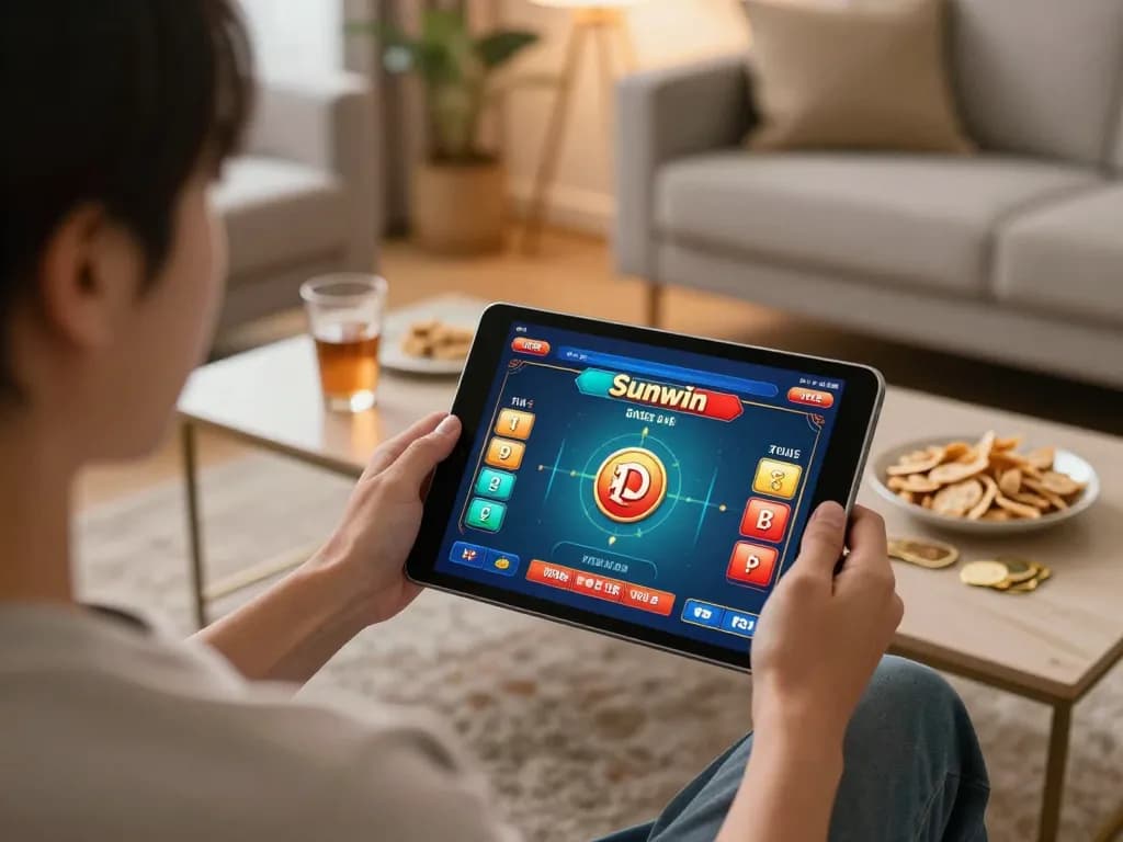 Tài Xỉu Sunwin gameplay from a tablet screen, showcasing an active gaming session in a cozy home environment.