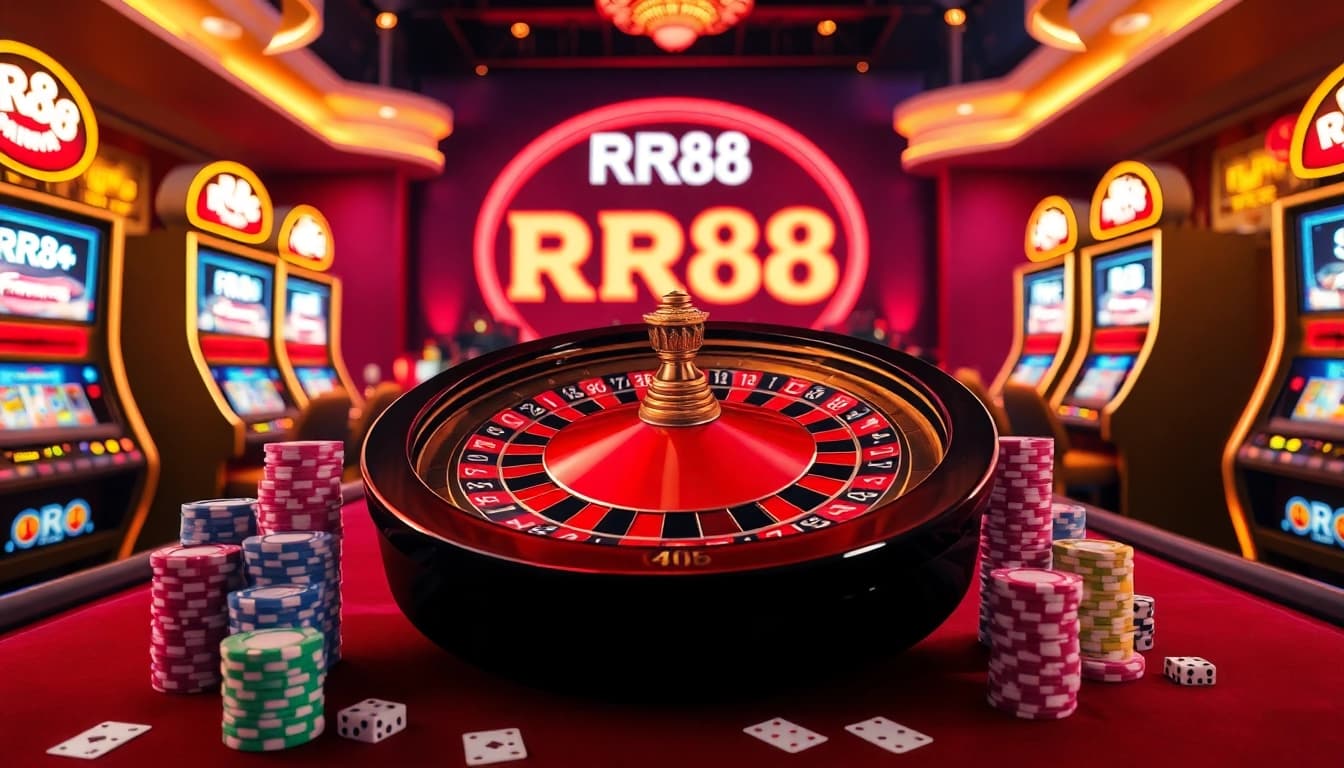 Exciting RR88 casino scene with poker chips, roulette wheel, and slot machines.