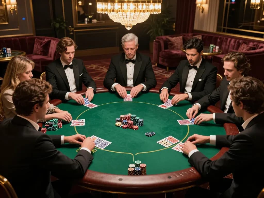 Casino poker players engaged in high-stakes game at sc88bn VIP table, capturing luxury atmosphere