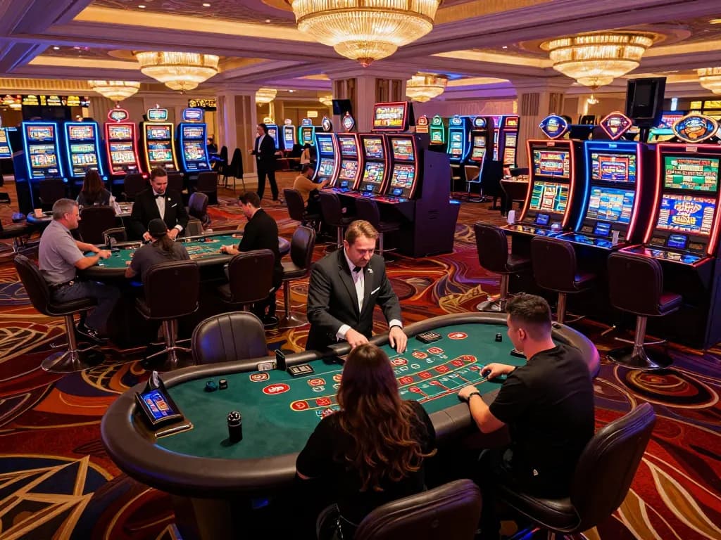 Players engaging in exciting blackjack gameplay at a vibrant Vegas casino during night, showcasing the thrilling atmosphere of 8day gaming.