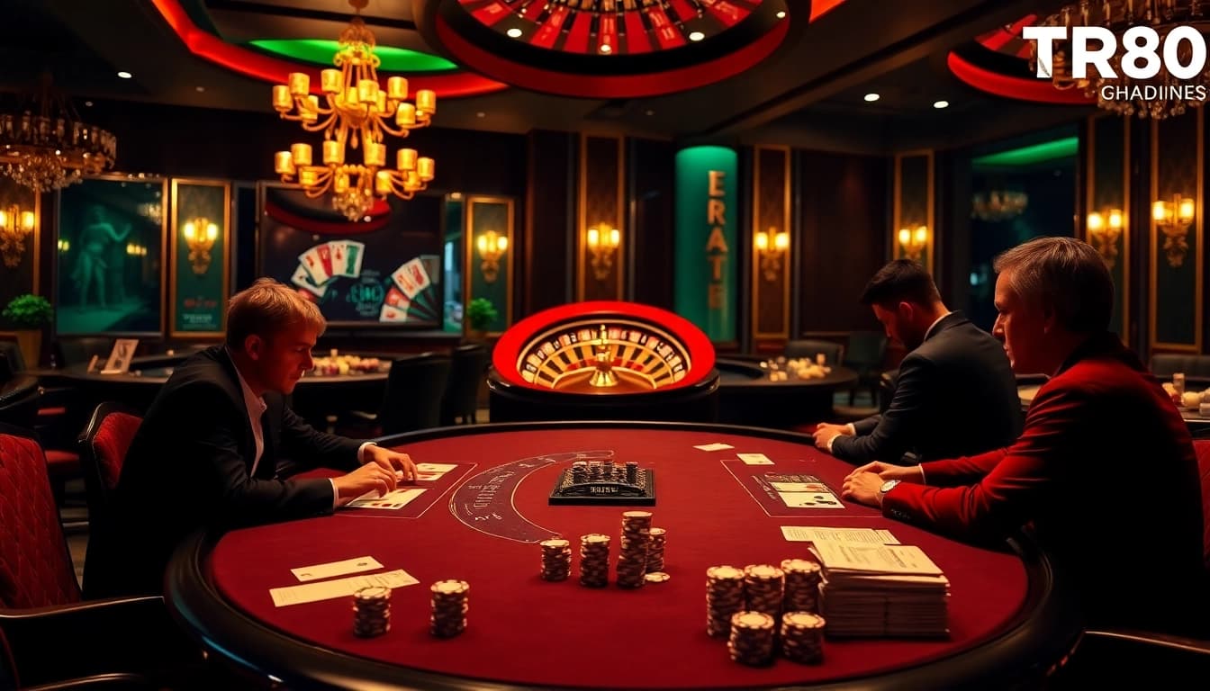 Experience the thrill of gambling at tr88 with an elegant poker table and roulette wheel.
