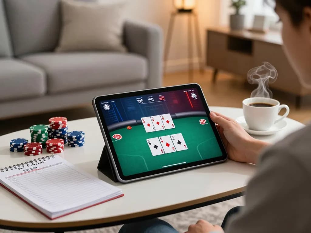 Engaging poker gameplay on tablet, showcasing 88clbgo interface in a cozy home setting.