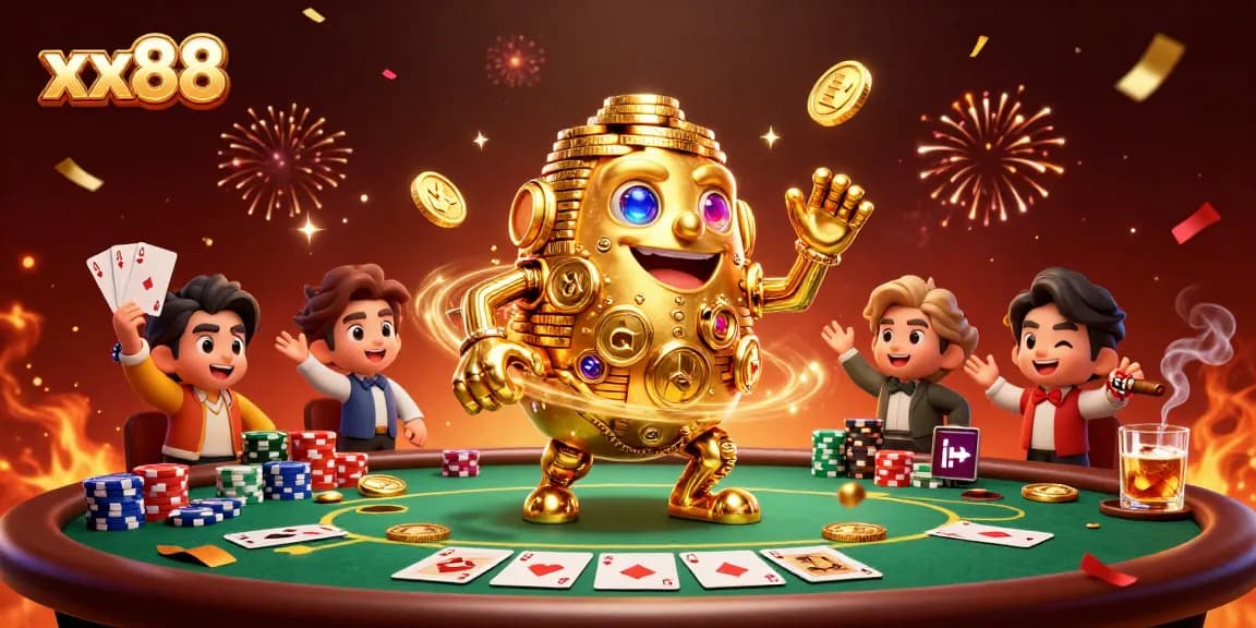 Engage in thrilling gameplay at xx88 with a lively casino scene featuring golden elements and poker excitement.