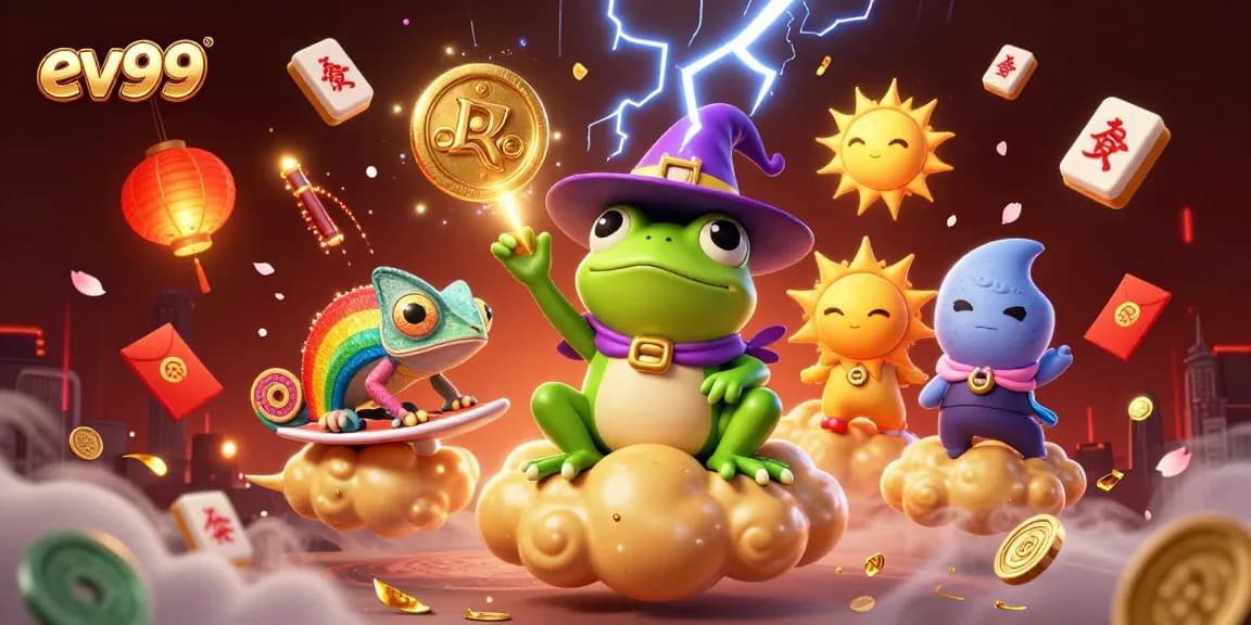 ev99 showcases a vibrant casino scene with a storm of golden coins and playful characters.