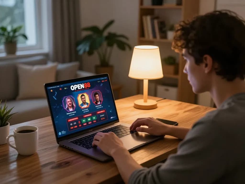 Engaging in the OPEN88 casino app from home, showcasing modern online gaming.