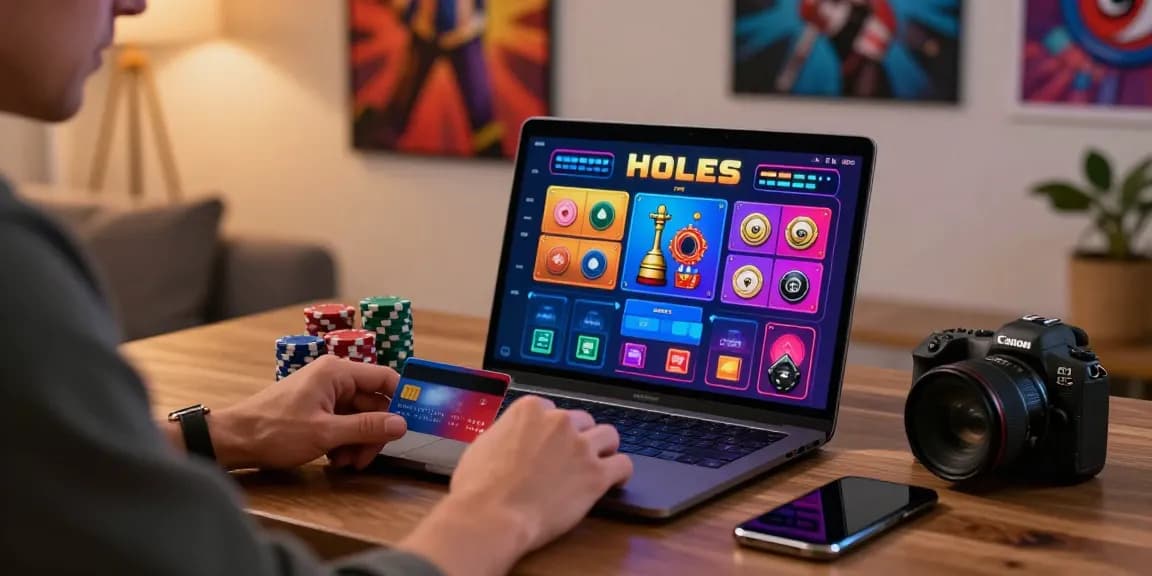 Player enjoying a vibrant gaming experience at uk credit card casinos with laptop, chips, and smartphone.
