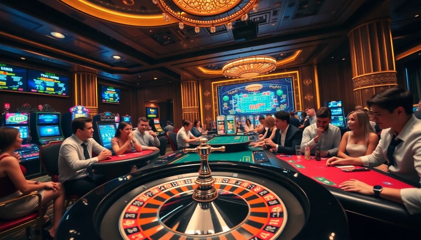 Experience the excitement of betting at five88 with vibrant casino tables and roulette wheels.
