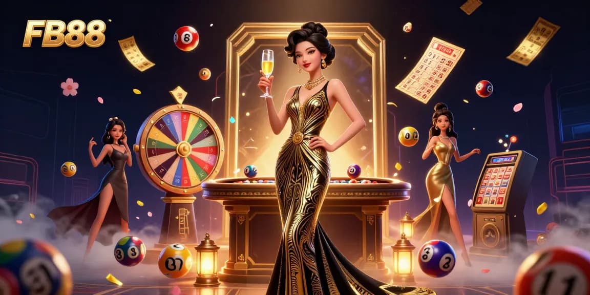 Experience the excitement of FB88 with a dazzling casino scene featuring lively game elements.