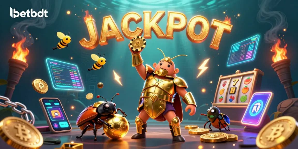 Experience thrilling victories at betbdt with a dynamic illustration of a triumphant beetle surrounded by casino elements.