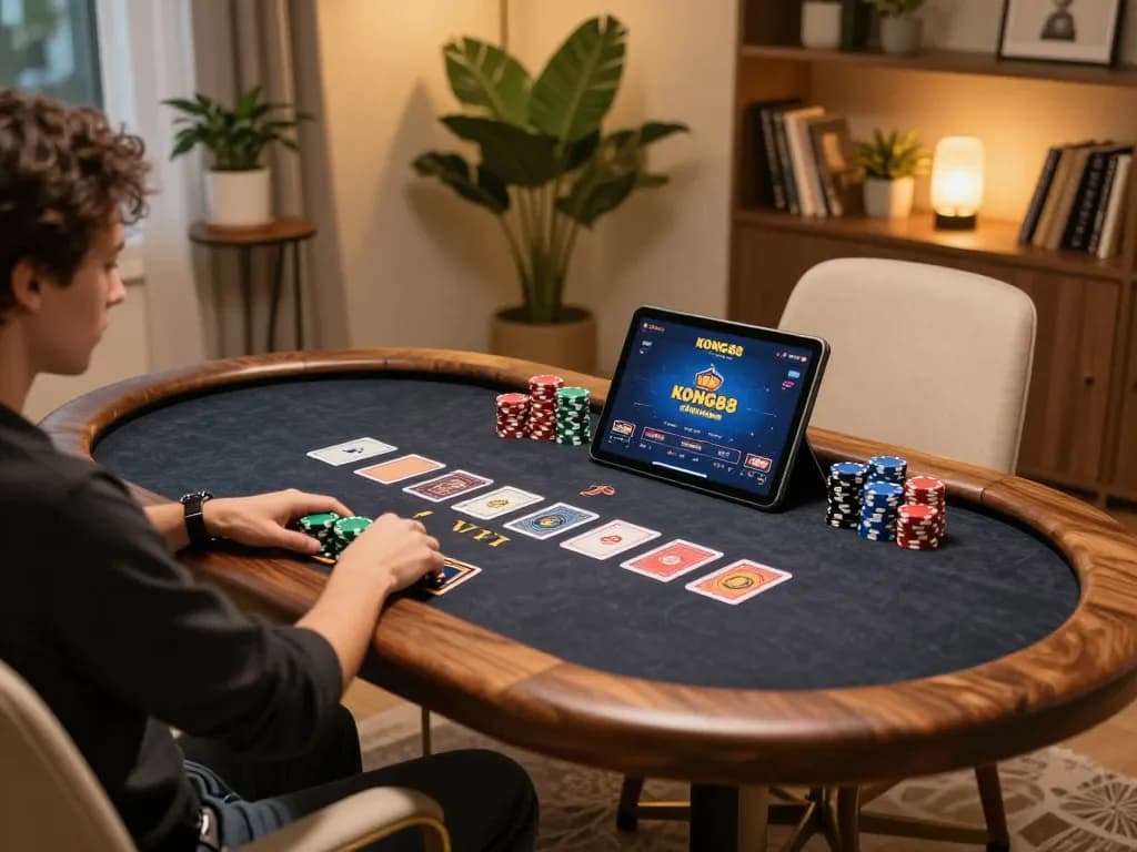 KONG88 online poker gaming setup with vibrant chips and warm lighting in a cozy home.