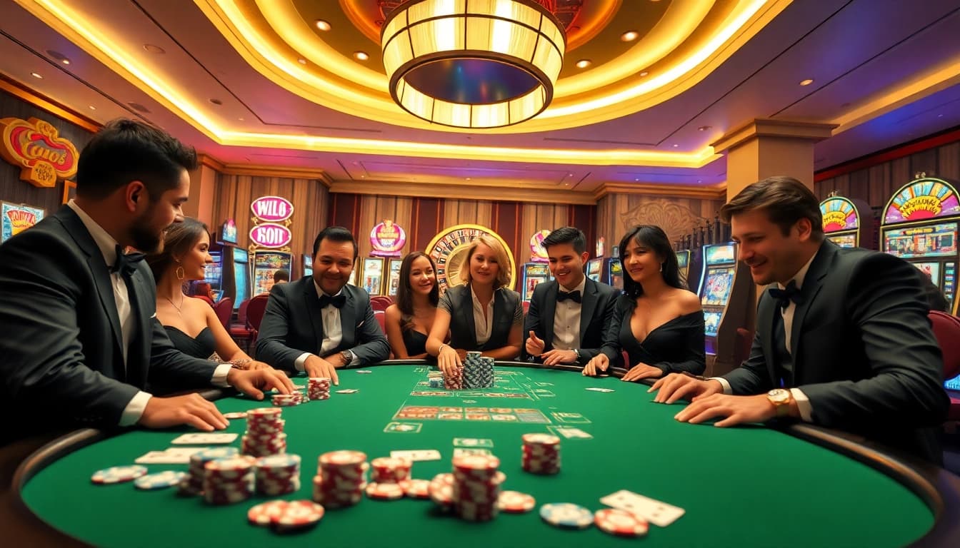 Experience thrilling gameplay at qh88 casino with an elegant poker table and vibrant slot machines.