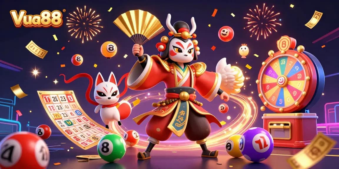 Experience the excitement of Vua88 with vibrant lottery games and festive elements in this detailed illustration.