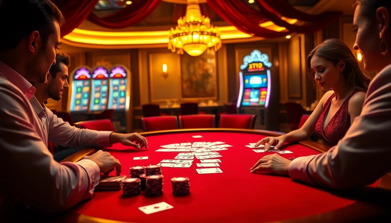Intense poker game action at XX88 casino, featuring poker chips and cards in a luxurious setting.
