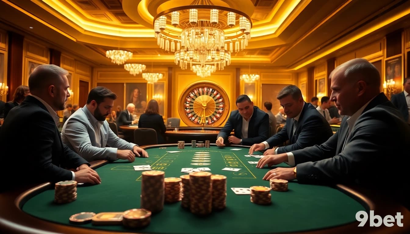 A thrilling poker game scene at 9bet casino, showcasing intense players, poker chips, and a roulette wheel.