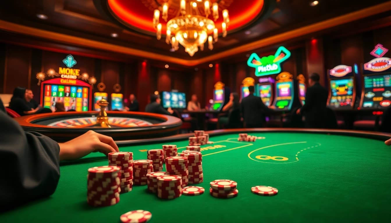 Engaging scene of players enjoying Hitclub đổi thưởng at a luxurious poker table in a vibrant casino.