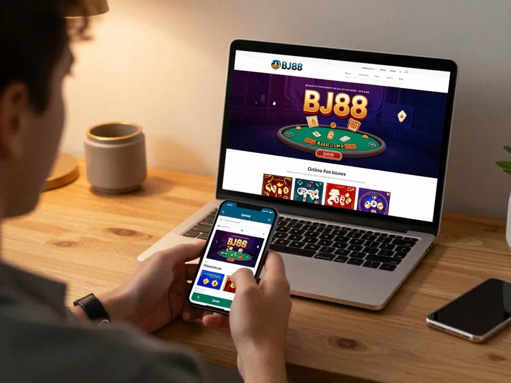 Engaging with BJ88's mobile casino app in a stylish home office setting.
