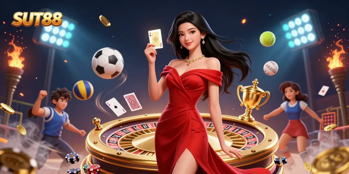 SUT88 showcases a confident young woman with a golden playing card beside a vibrant gaming scene filled with dynamic sports elements.