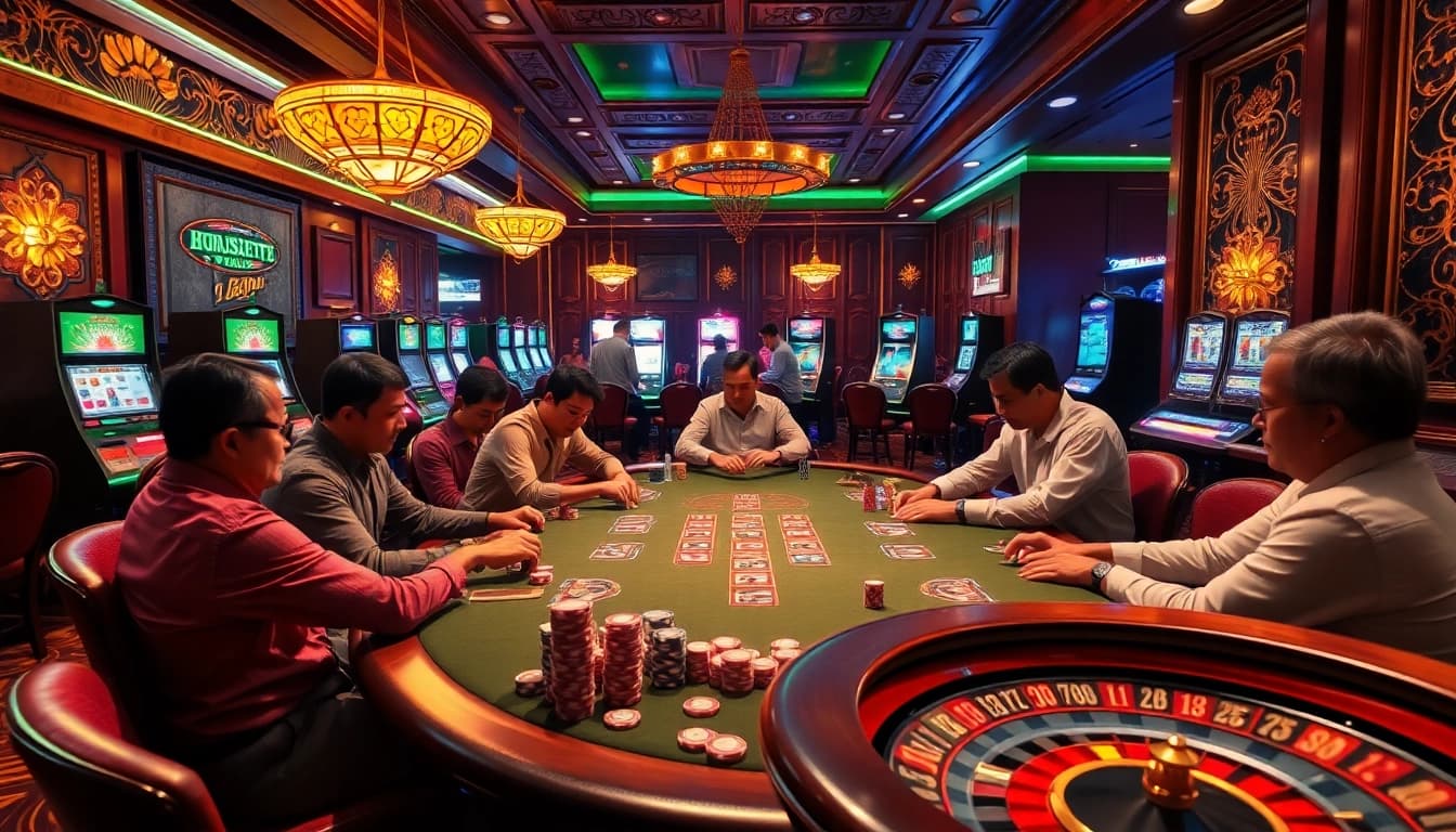 Players engaging in high-stakes poker at a luxurious casino table, embodying the thrill of j88 gambling.