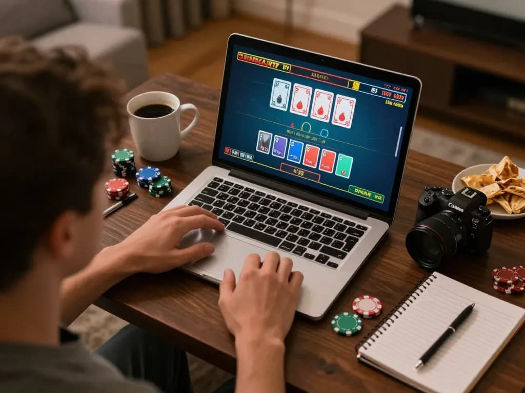 Engaged player immersed in online blackjack gameplay at home, showcasing 79 KING betting strategies