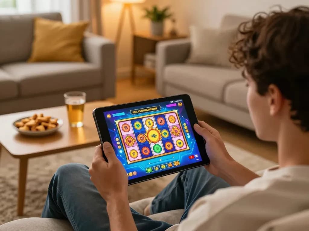 Player enjoying MM88 slot games on tablet in cozy living area