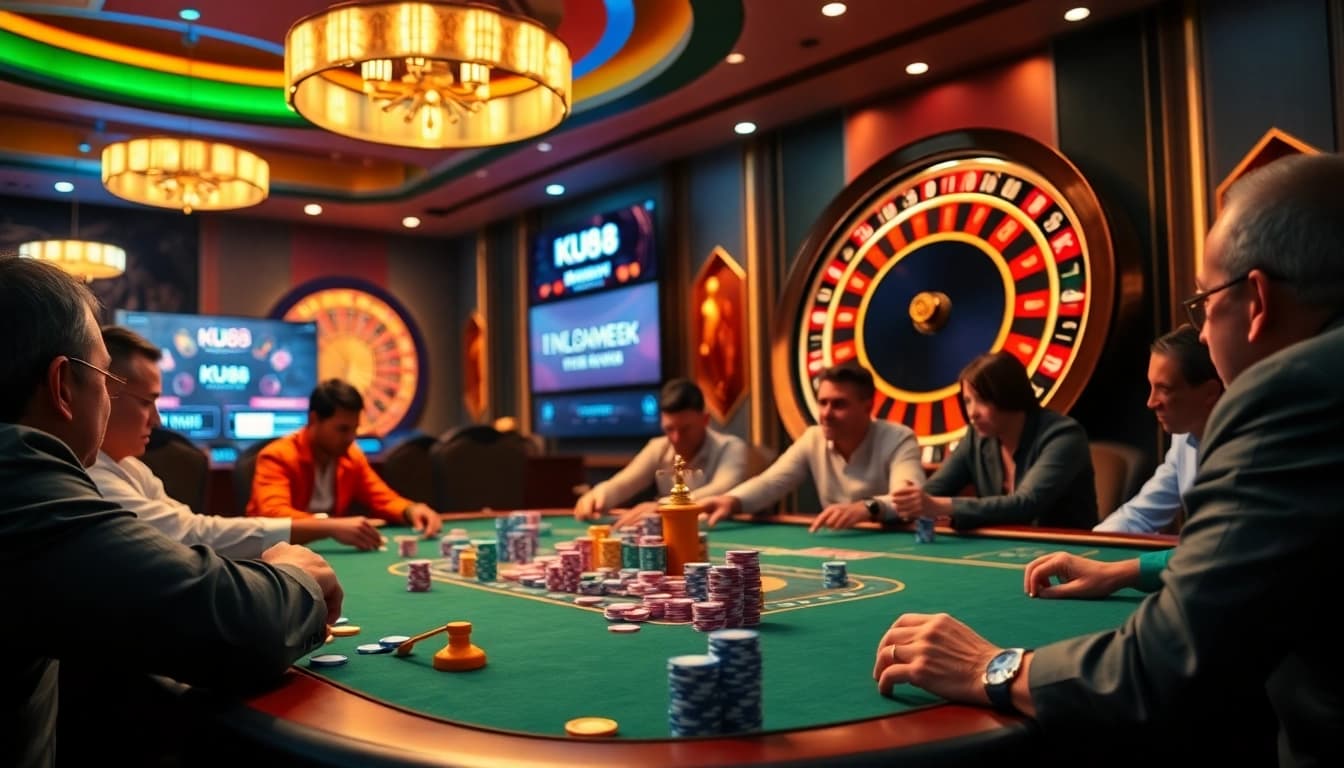 Experience the vibrant gaming atmosphere at Ku88 casino with colorful poker chips and an elegant roulette wheel.