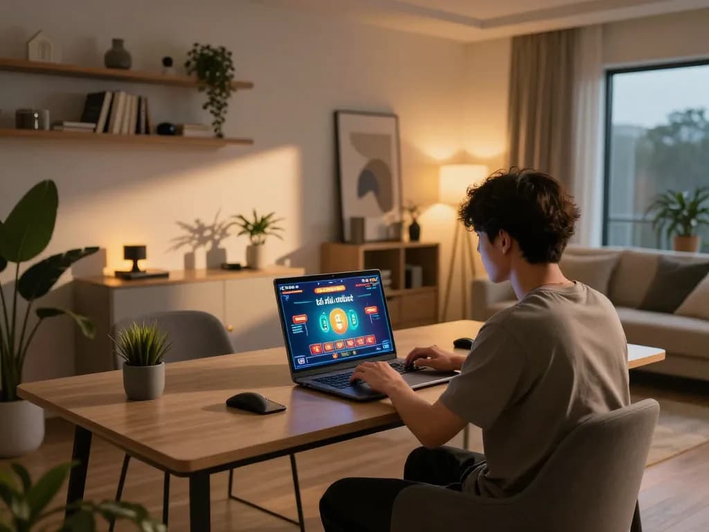 Engaging with app tài xỉu online uy tín on a laptop in a cozy home gaming setup.