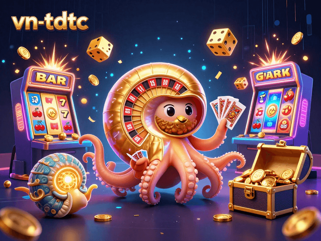 Experience big wins at vn-tdtc with vibrant slot machines and casino games depicted in a 3D scene.