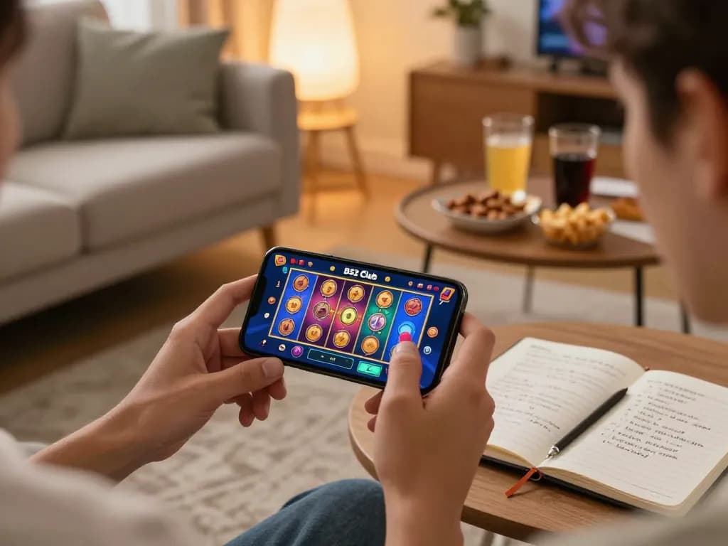 B52 Club player taps smartphone to place bets in vibrant home gaming setup.