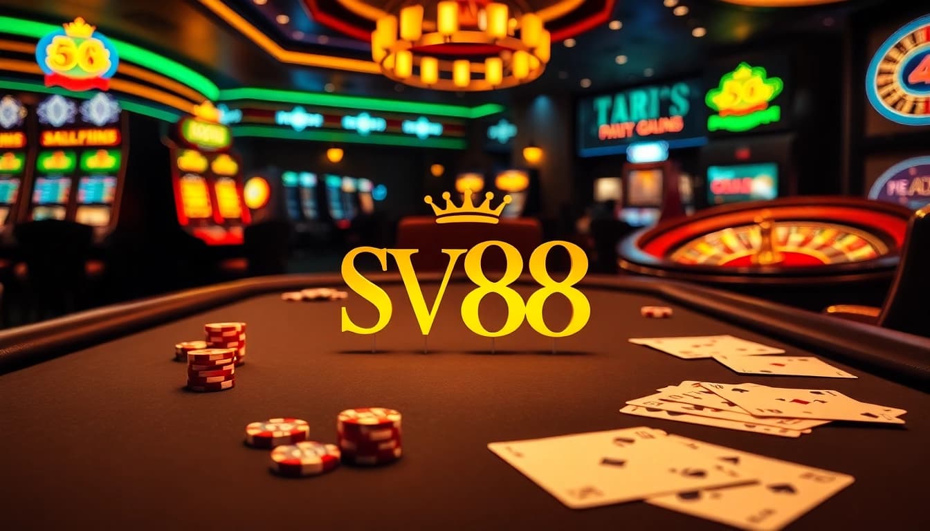 Experience the thrill of SV 88 at a luxurious casino with poker tables and vibrant slot machines.