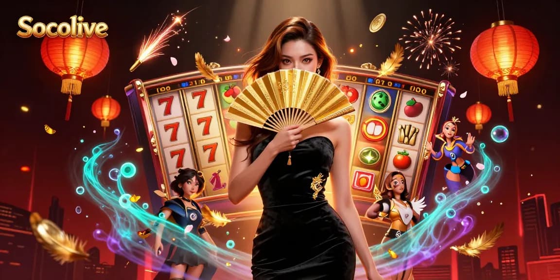 Socolive offers stunning live casino experiences, featuring vibrant slot elements and glowing golden effects.