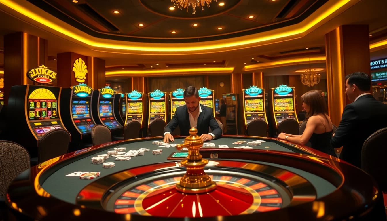 Players enjoying high-stakes poker at LuckyWin Casino surrounded by vibrant slot machines.