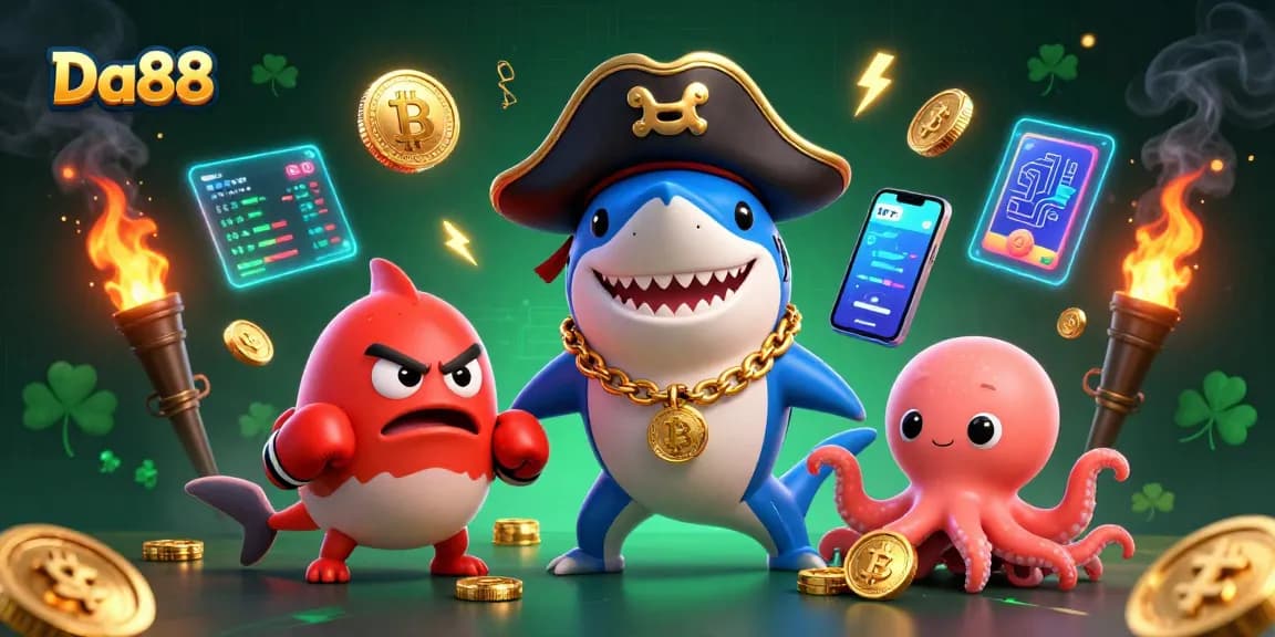 Spin the reels with Da88 while enjoying vibrant 3D casino cartoon characters amidst dazzling crypto symbols.