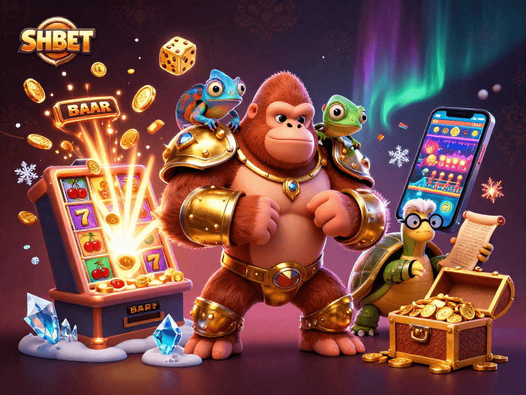 Experience thrilling SHBET action with gorilla king, chameleon spy, and tortoise elder amidst a jackpot explosion.