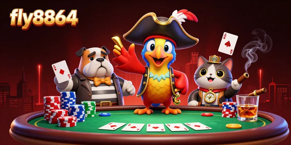 Engage in thrilling poker action with fly8864 amidst vibrant casino-themed characters and elements.