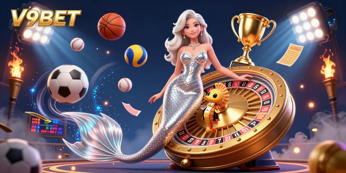 Experience winning at V9BET with a dazzling 3D illustration of casino excitement.