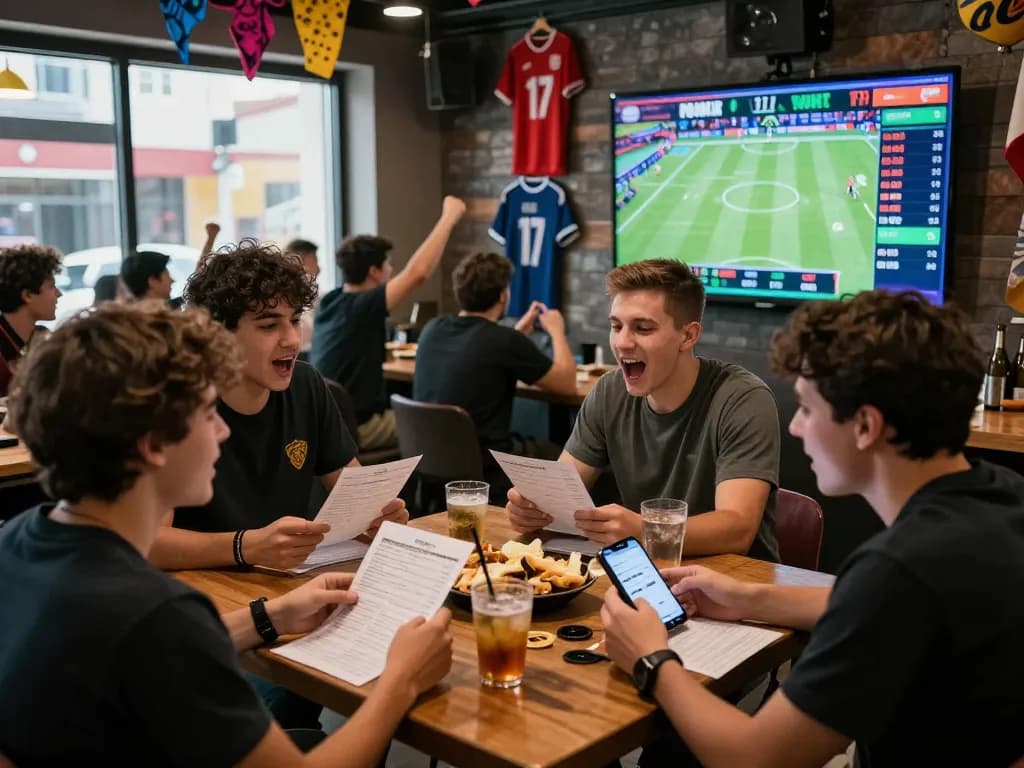 Exciting scene of fans engaging with rikbet at a sports bar, analyzing bets and cheering for their teams.