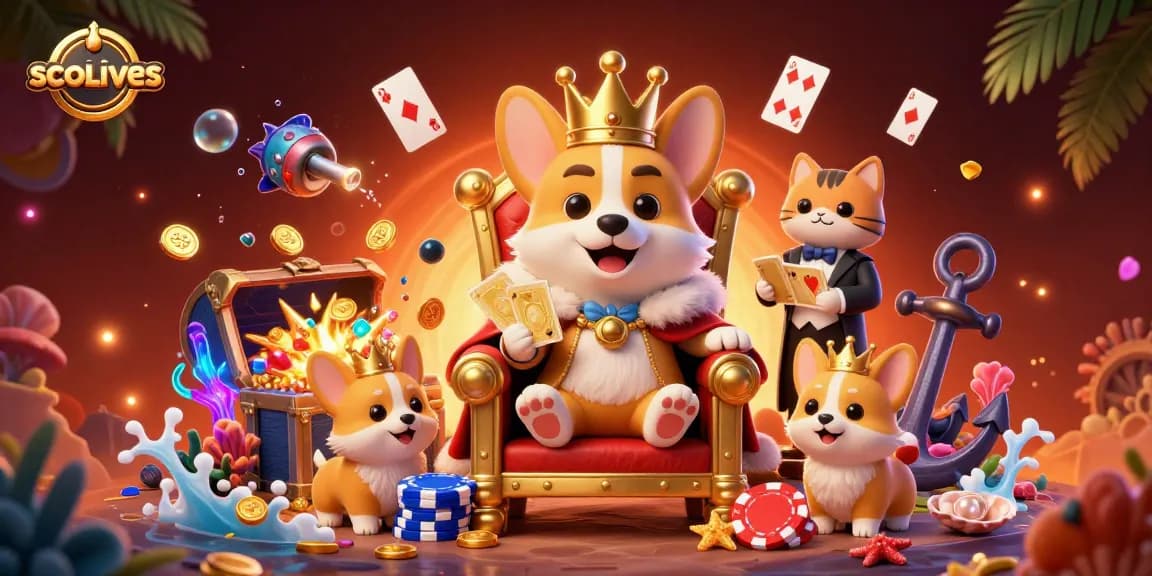 Socolives showcases a royal corgi casino theme, featuring poker elements and vibrant underwater treasures.