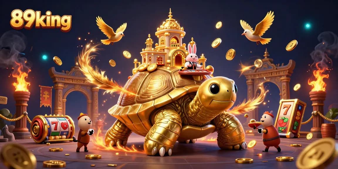 Explore vibrant gaming action with 89king featuring a golden tortoise casino scene.