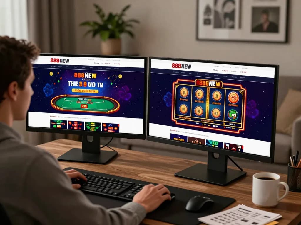 Player engaging with 888NEW casino app on dual monitors in a stylish home setup