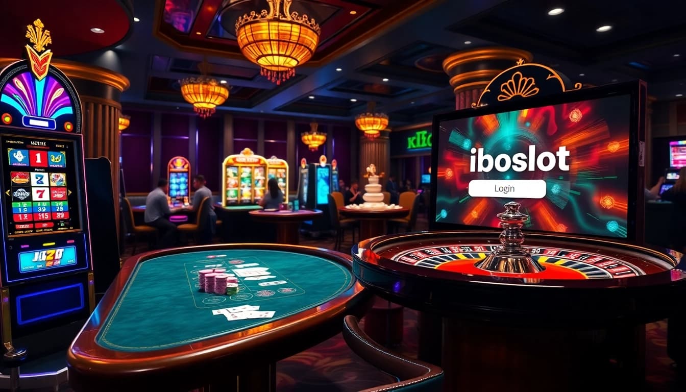 Iboslot login screen displayed in a luxurious casino setting filled with vibrant gaming elements.