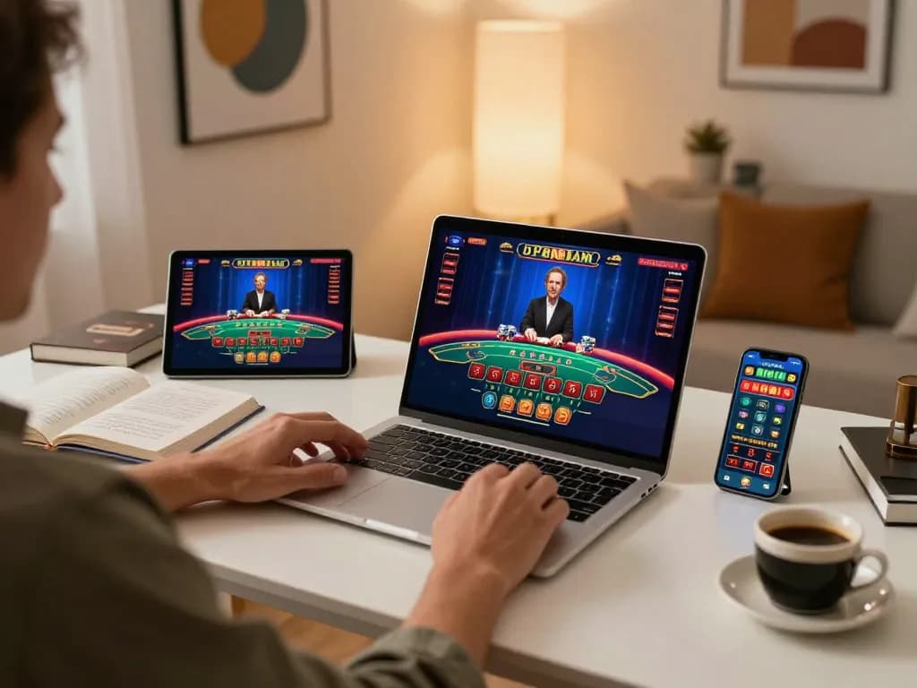 Engaging in online baccarat gameplay with ok365 on laptop and tablet in a stylish home setup