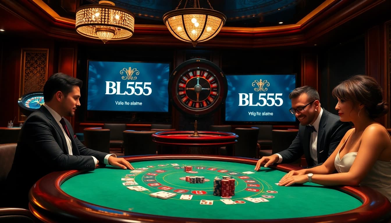Action-packed gambling scene at BL555 casino with players enjoying blackjack, poker chips, and roulette.