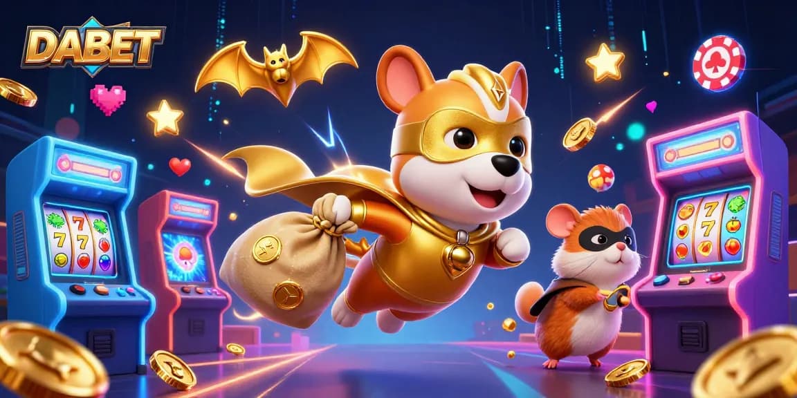 DABET features a superhero dog and friend in a vibrant casino setting, capturing thrilling gaming action.