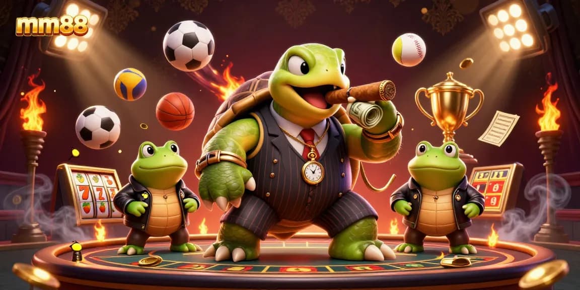 Bet on mm88 with a vibrant scene featuring a turtle mobster and froggy enforcers amidst colorful sports elements.