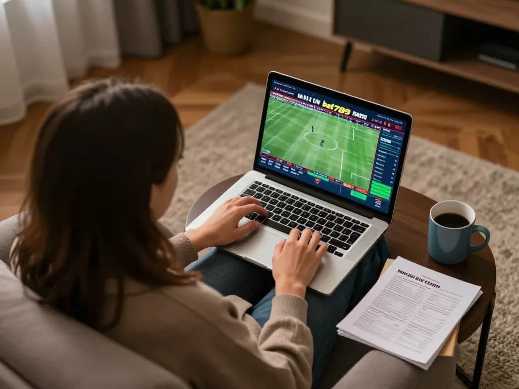Engaging with bet789 in a cozy online gaming setup, person betting on sports.